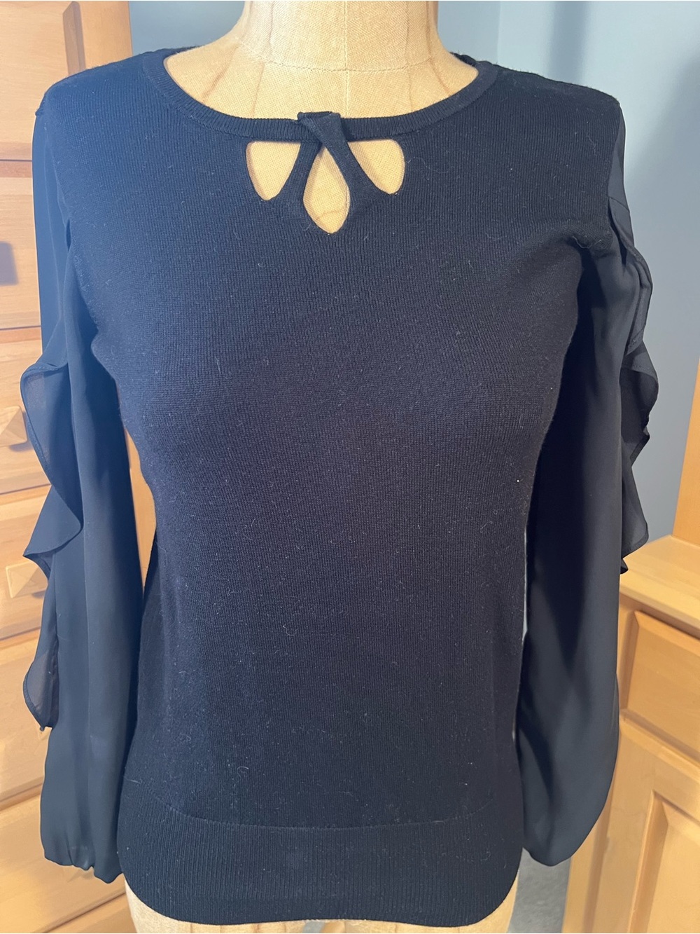 Alfani Black Knit Top with Keyhole and Ruffle Sleeves